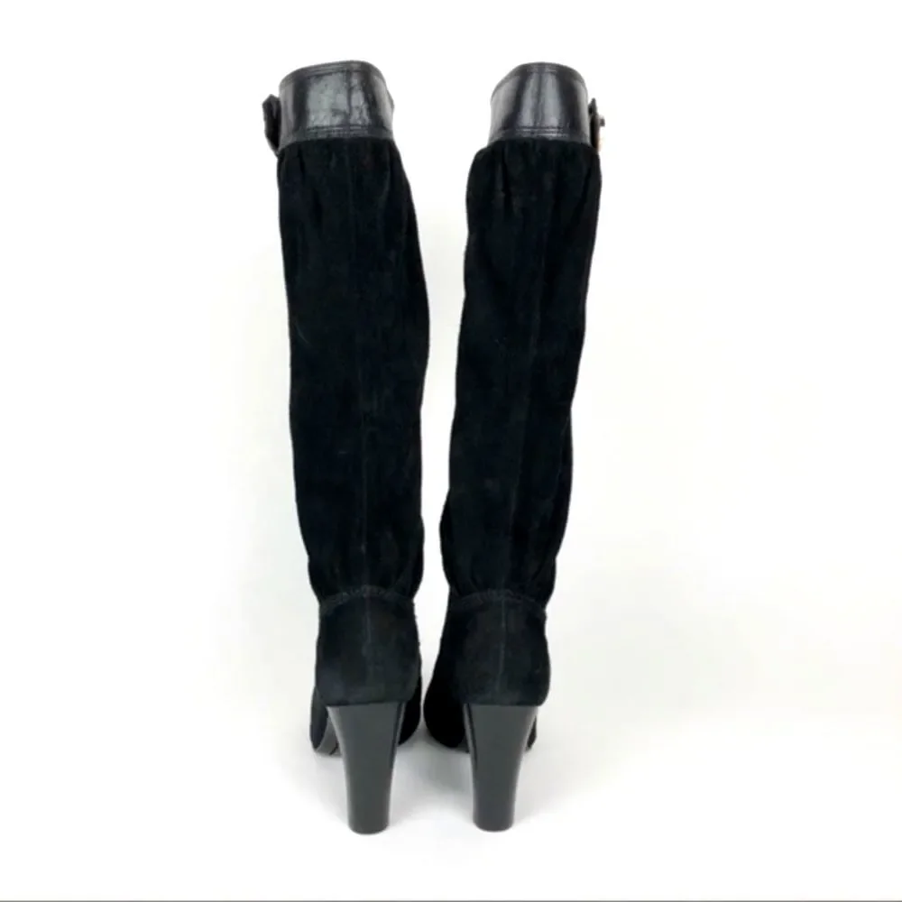 Michael Kors Womens Suede Boots 5.5 Black Zip Knee High Heeled Slouchy Leather - Picture 4 of 8